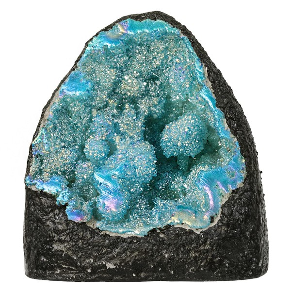 Nupuyai Angel Aura Quartz Geode Stone, Standing Form Titanium Coated Natural Rock Crystal Cluster Specimen for Reiki Healing Home Decor 200-370g, Light Blue