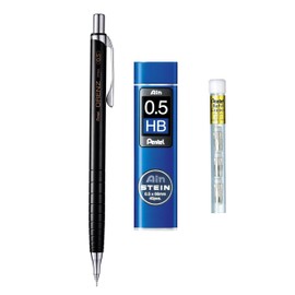 Pentel Orenz Mechanical Pencil - 0.5mm Black Barrel + Ain Stein Refill Leads 0.5mm HB + Refill Erasers