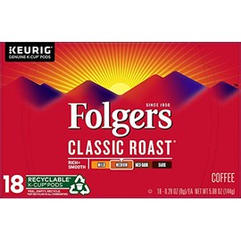 Folgers Classic Roast, Medium Roast Coffee K-Cup Pods for Keurig K-Cup Brewers, 18 Count, Packaging May Vary