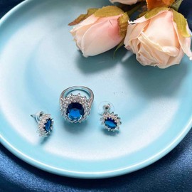 Resweky Drop Water Necklace Earrings Ring Set 3Pcs Crystal Sparkly Choker Necklaces Jewelry Set Pendant Necklace Accessories for Women (Blue)