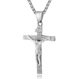 Reizteko Stainless Steel Antique Cross Crucifix Pendant Jesus Necklace For Men 24 Inch (Silver)