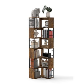 7 Tier Corner Bookshelf 74 Inches Tall Corner Bookcase Industrial L Shaped Book Shelf with Metal Frame Display Rack Storage Organize for Home Office,Living Room,Bed Room (Brown)