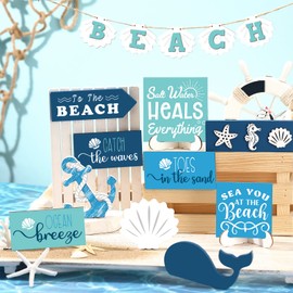 15 Pieces Summer Beach Tiered Tray Decor Set Farmhouse Ocean Wood Sign Rustic Beach Tiered Tray Decorations for Outdoor Kitchen Table Shelf