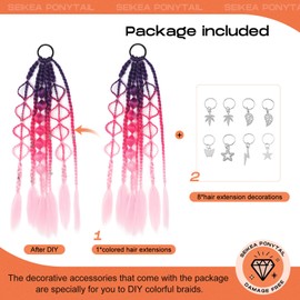 SEIKEA Colored Hair Extensions, Lightweight Colored Hair Extensions for Kids, Ombre Braided Bubble Ponytail Extension with Hair Tie, 24" Crazy Hair Day Accessories for Girls Festival Rave Braids S4