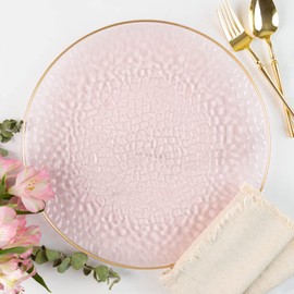 EcoQuality 13" inch Round Charger Hammered Translucent Pink Plastic Plates with Gold Rim - China Like Party Plates, Heavy Duty Large Disposable Dinner Salad Plate Weddings, Serveware (20 PACK)