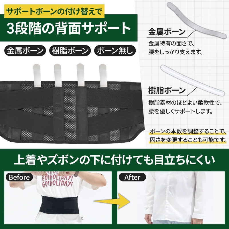 Aranoyas 腰サポーター 二重加圧式 硬軟ボーン2種 洗濯可 薄型 メッシュ 通気 脱着簡単 美姿勢