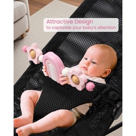 TinlyFinly Baby Bouncer Toy Bar Wooden Compatible with Baby Bjorn Bouncer, Bouncer Toy Attachment, Tight and Secure Fit, So Fun to Watch, Touch and Spin for Babies All Ages (Pink Rainbow)