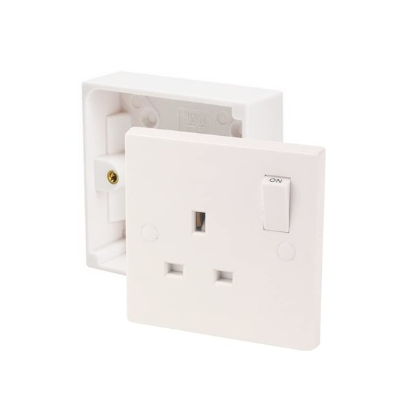Axiom 13A Single One Gang Switched Socket & Premium Single Surface Mount 25mm Pattress Box 1 Gang Set Electrical Switch - Concealing Screw Caps Included