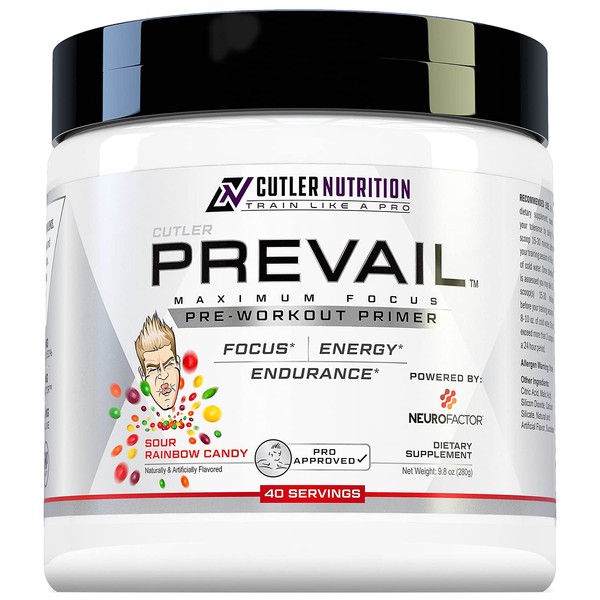Prevail Pre Workout Powder with Nootropics: Pre-Workout Drink for Men and Women, Cutting Edge Energy and Focus Supplement with L Citrulline, Alpha GPC, L Tyrosine | Sour Rainbow Candy, 40 Scoops