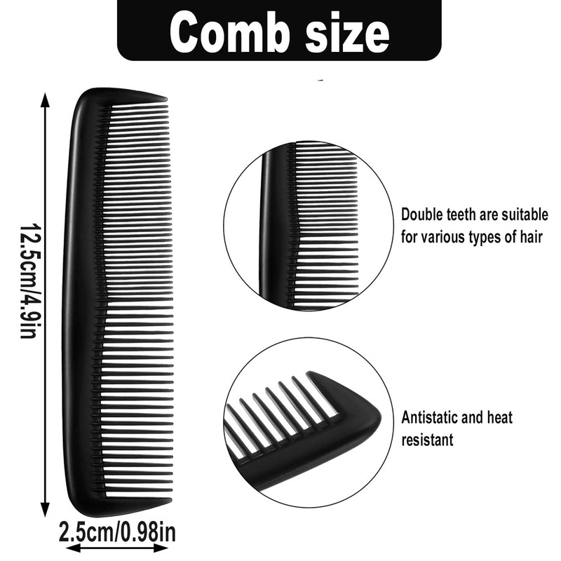 5-Pack Black Hair Combs with Dual Tooth Density,Styling Combs for
