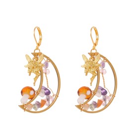 ZFAIRY Fairy Crescent Moon Dangle Earrings, Gold Plated with Mixed Crystal Beads, Leverback Hooks, Uniform size, Stainless Steel, No Gemstone