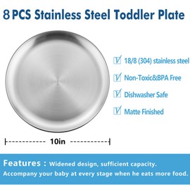 HaWare 8-Piece 18/8 Stainless Steel Plates, Metal 304 Dinner Dishes for Kids Toddlers Children, 10 Inches Feeding Serving Camping Plates, Reusable and Dishwasher Safe
