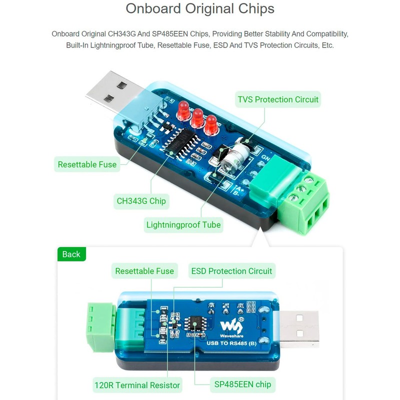 Industrial USB TO RS485 Bidirectional Converter Onboard CH343G Chip, Multi-Protection