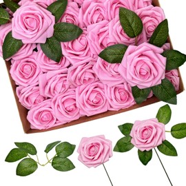 Luerbi 30Pcs Rose Artificial Flowers, Pink Foam Roses with Stems, Real Looking Fake Flower for DIY Wedding Bridal Bouquets, Bridal Shower, Arrangements Party Table Centerpieces Decor