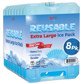 Sport Temp Reusable X-Large Ice Pack (8 Pack) Long Lasting - Perfect for Keeping Food Or Beverages Cold, Coolers, Camping, Beach Coolers, Hiking & More, Clear Blue