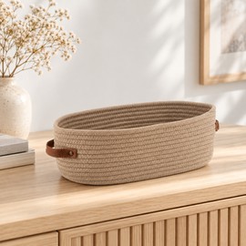 Oval Woven Fabric Storage Basket in White – Multifunctional Bathroom Organizer, Desktop Organizer, Toilet Paper Holder and Toy Basket