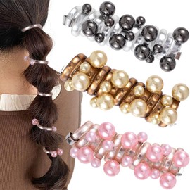 SmallCat 3PCS Spiral Hair Ties with Beads, 3 Colors Pearl Phone Cord Shape Hair Bands, Elastic Rubber Ponytail Holders for Women, No Crease Hair Accessories for Long Curly Hair-Gold, Black, Pink Pearl