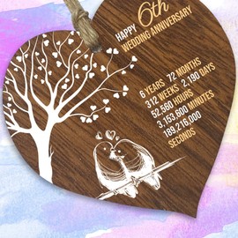 6th Wedding Anniversary Wooden Heart Plaque, Dark Wood Sign Keepsake, Celebrate Sugar/Candy Anniversary Wife Husband Boyfriend Girlfriend Mom Dad, Plaque with Quotes Gifts from the Kids