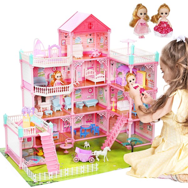 CUTE STONE 11 Rooms Huge Dollhouse with 2 Dolls and Colorful Light, 31" x 28" x 27" Doll House Gift for Girls