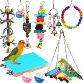 Bird Parrot Toys Set, 10 Pack Swing and Chewing Hanging Perches with Bells, for Lovebird Budgie Cockatiels Macaws Finches
