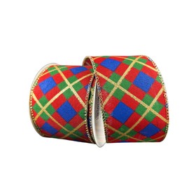 Christmas Nutcracker Plaid Wired Ribbon, 2.5 Inch x 10 Yards, Red Blue Green with Gold Accents, Multicolor