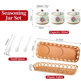 Orkim Kitchen Ceramic Condiment Jars with Lids and Spoons, 3 Piece Porcelain Seasoning Jar Set for Salt Spice Pepper Suger Bowl, Coffee Tea Container Pot with Serving Tray - Blue Flower