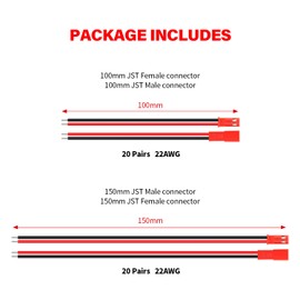 YIXISI 40 Pairs 22 AWG JST Plug Connector, 100mm and 150mm 2-Pin Male Female Plug Connector Cable Wire for LED Lamp Strip, mini RC helicopter