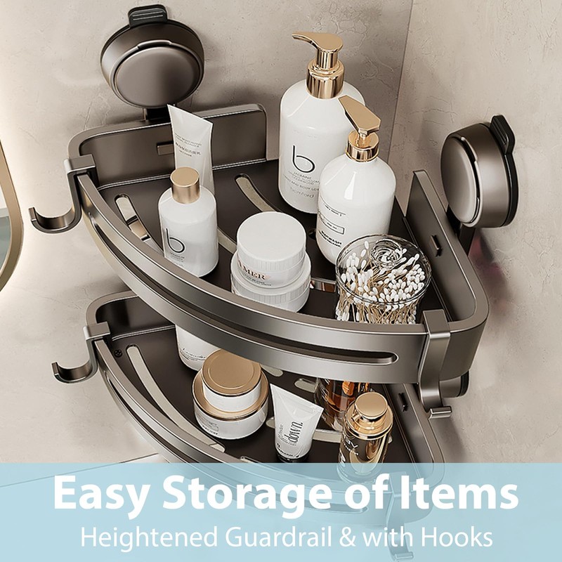 Shower Caddy Corner,Suction Cup Shower Caddy with Hooks,No Drilling Rustproof