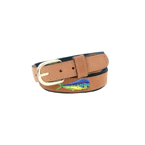 ZEP-PRO Men's Tan Leather Embroidered Dolphin Belt, 40-Inch, Tan/Navy
