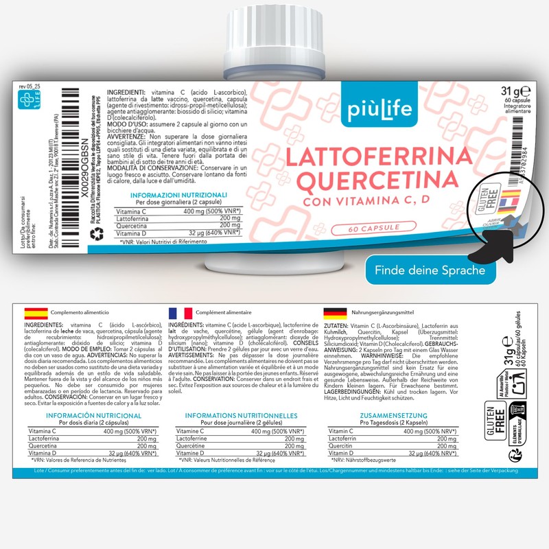 Lactoferrin 200 mg PiùLife with Quercetin + Vitamin C &