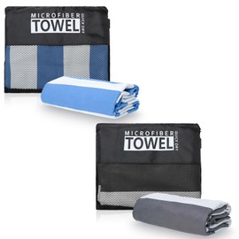 TMEOG Microfibre Beach Towels 2 Pack 180x80cm Extra Large Quick Dry Sand Free Beach Towel for Adults Compact Thin Travel Towel Women Men Lightweight Swim Pool Yoga Towel with Bag(Blue and Grey Stripe)