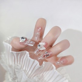 HAPVITAL Nail Tip, Long Nail Tip, 24 Pieces, Glitter, Shiny, 3D, Korea, Popular, Stylish, Gel Nails, Nail Seal, Cute, Long Nail Tip, Bride Nail, Handmade Nail Tip, Double-sided Tape, Butterfly, 3D