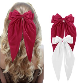 Hair Bows for Women, Big Bow Hair Clips for Girls, Silky Satin Hair Bows Clips Oversized Long Tail, Large Hair Barrettes for Women,Big Hair Bow,Metal Clips Hair Bow for Women Girls (White & Red)