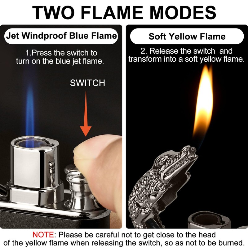 Magic Dual Flame Crocodile Lighter, Refillable Butane Torch Lighter Double