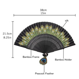 INNOLIFE Peacock Chinese/Japanese Hand Folding Fan Bamboo Carved Frame Silk Craft Fan (Black)