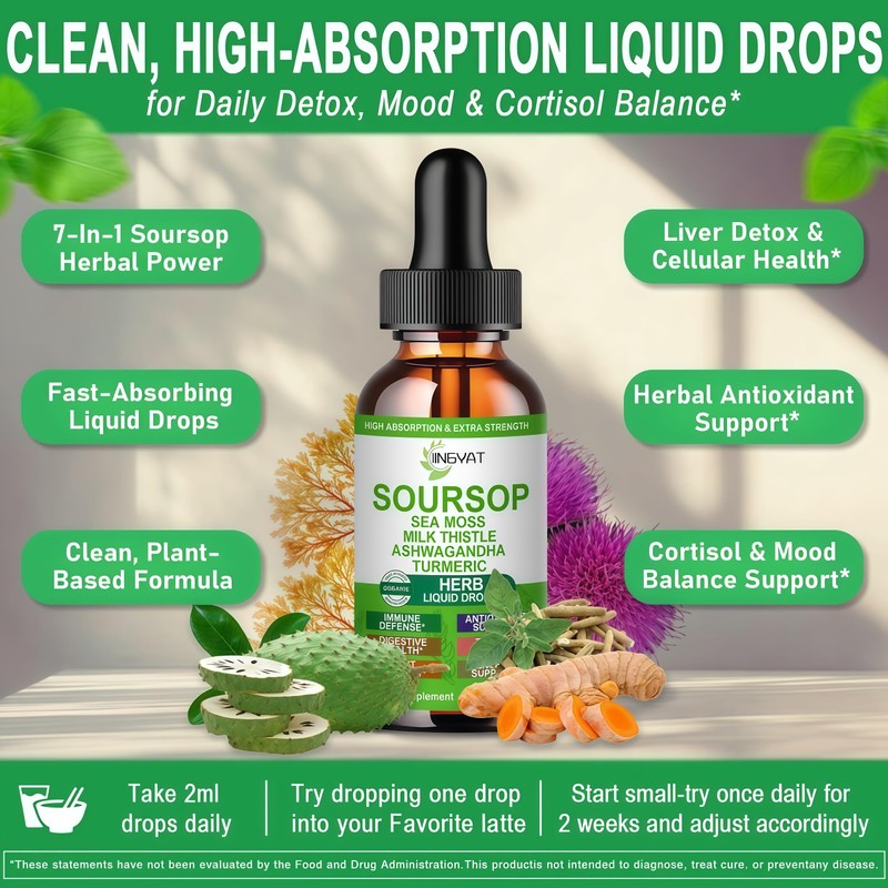 Organic Soursop Drops, Soursop Bitters Liquid w/Sea Moss Ashwagandha Milk