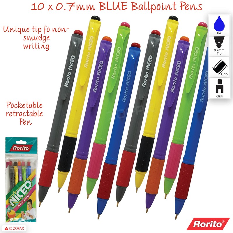 rorito 10 x 0.7mm Tip Niceo BLUE Retractable Ballpoint Pens