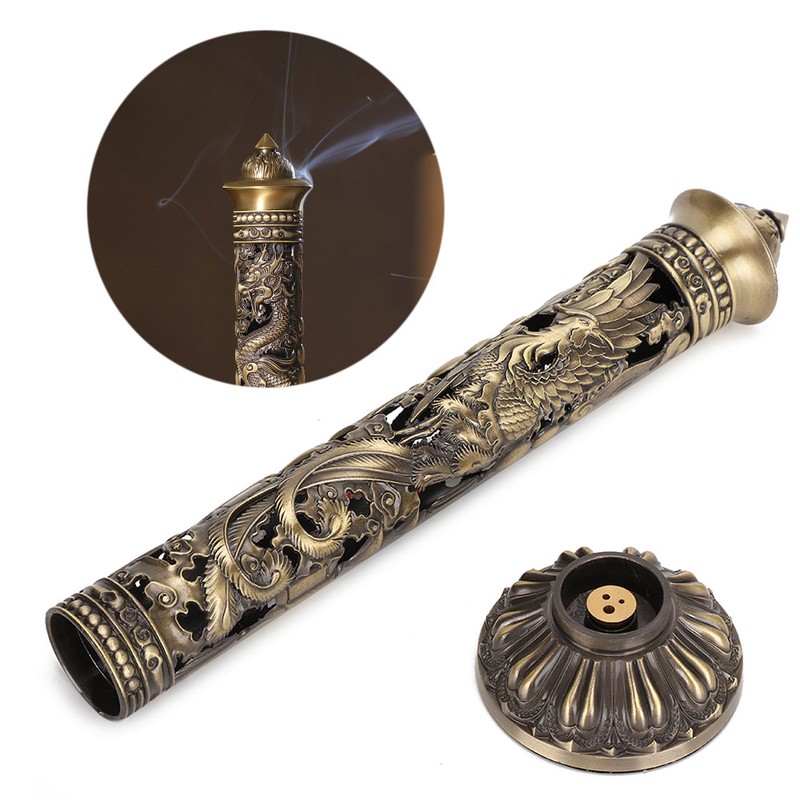 Incense Burner Bronze Tone Dragon Phoenix Relief Craft Ornaments Tea