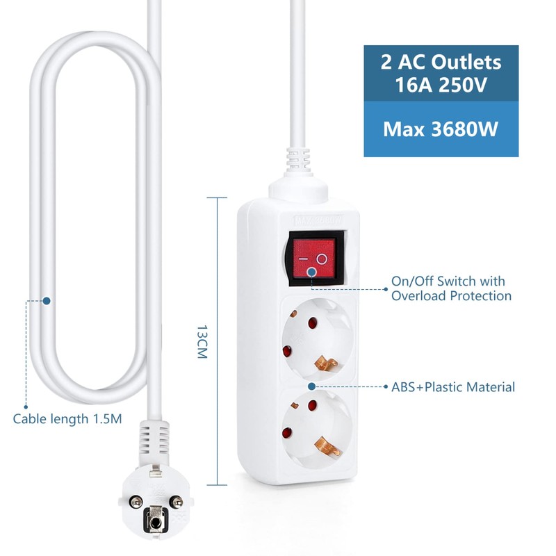 Aigostar Steckdosenleiste 2-fach mit Schalter Tischsteckdose Kindersicherung 3g1.0m㎡ 1.5 m