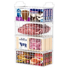 MSERCUOR Freezer Organizer Bins, 4 Pack Stackable Deep Chest Freezer Organizer Bins, Foldable Baskets with Handles, White Storage Container Baskets for 5/ 7 Cu.FT Sort Frezen Meats