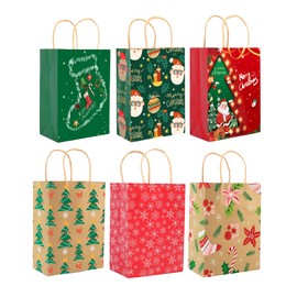 24Pcs Christmas Gift Bags,Christmas Brown Paper Bags with Handles,Christmas Goody Bags,Christmas Treat Bags,Xmas Gift Bags,Party Favors and Classrooms