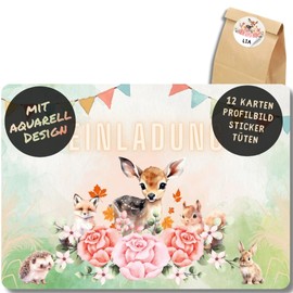 celebr8te 12 x Forest Animal Invitation Cards – For Girls' Children's Birthday – Animals from the Forest Birthday Invitations + 12 Stickers + 12 Gift Bags