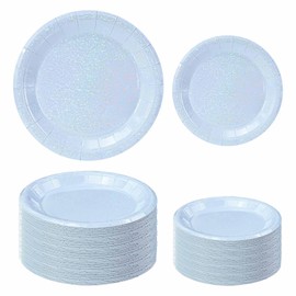 FALIZIFU 50 Pcs Iridescent Light Blue Paper Plates 25 × 7'' and 25 × 9'' Disposable Blue Shiny Holographic Foil Dinner Plates for Wedding Baby Shower Birthday Disco Party Glitter Dessert Plate