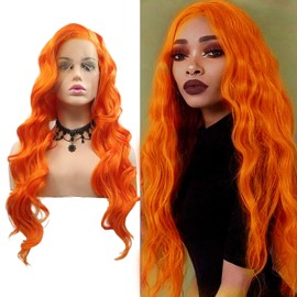 Orange Lace Front Wig Long Wavy Curly Bright Orange Lace Front Synthetic Wig Pre Plucked Natural Hairline Glueless Lace Wig Heat Resistant Fiber Hair Wigs for Women 24 Inches