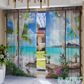 U-SITU Curtain Double Opening Atmosphere Curtain Blackout Curtain Thermal Insulated UV Protection Interior Order Can Be Made Sliding Window High Waist Window Interior Decoration Cherry Blossoms Scenic