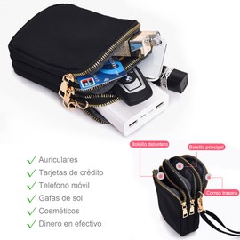 Pequeños Bolsos de Cuerpo Cruzado para Mujeres, Mini Bandolera Satchel Teléfono Celular Monedero Bolsa de Hombro Impermeable con Cremallera de 3 Capas Cartera (Negro)