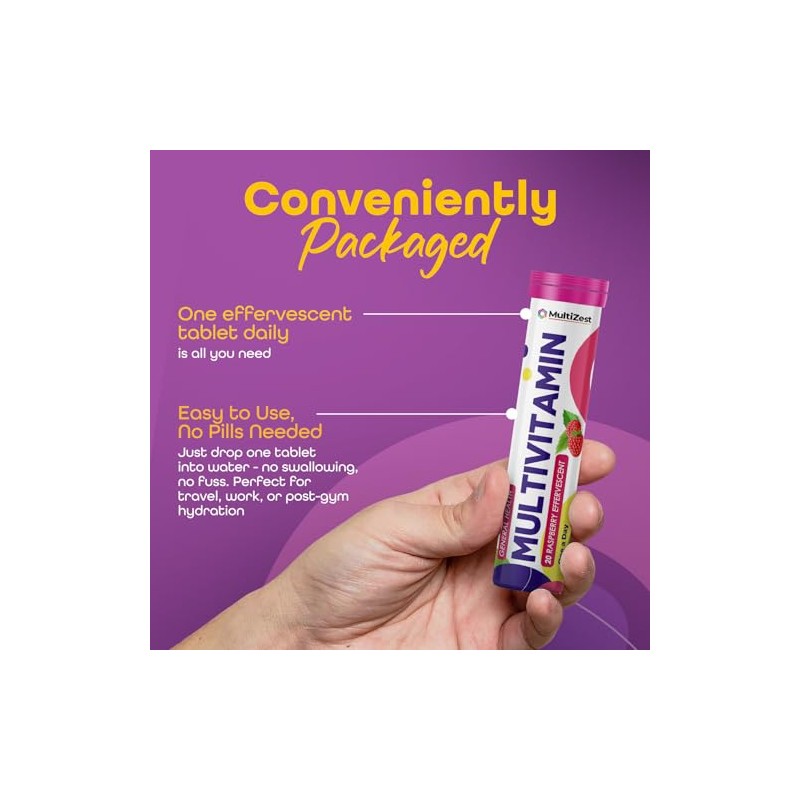 Multivitamin Effervescent| Raspberry Flavour|20 Tablets x 6| MultiZest Brand