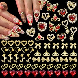 RODAKY 64PCS Gold Nail Charms Red Butterfly Heart Charms for Nails Valentine's Day Nail Jewelry 3D Bow Flower Nail Decoration Metal Charms Gems for Nails Art Design
