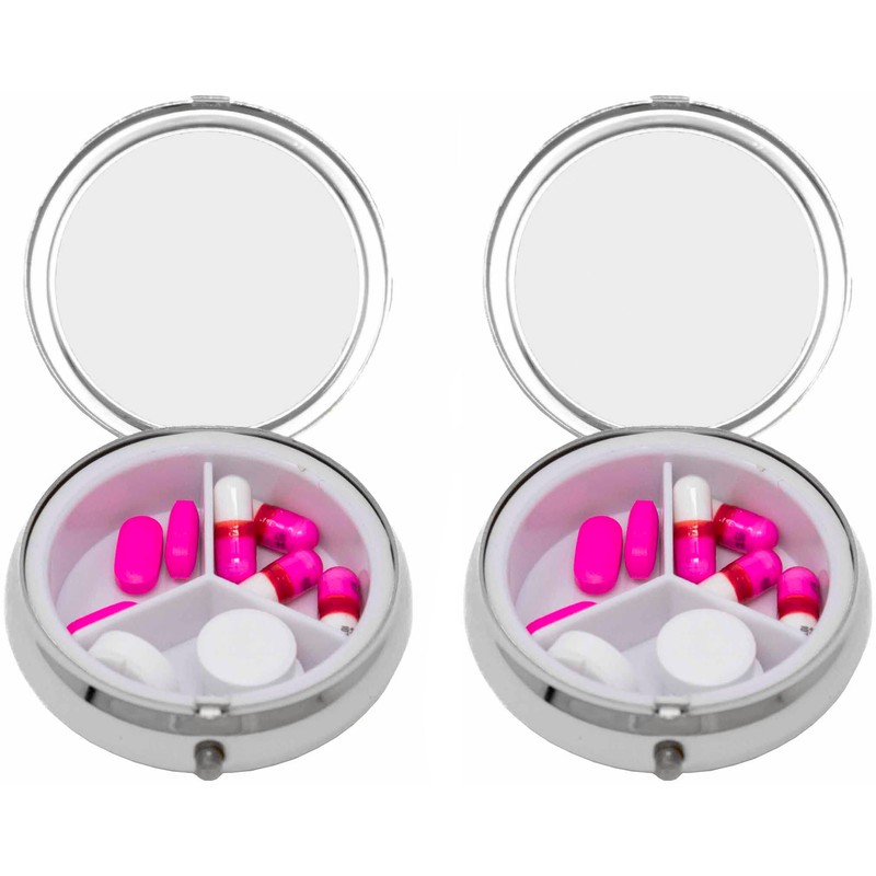 Set of 2 Circular Embossed Triple-Compartment Pocket Purse Pill Box