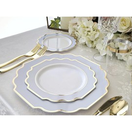 " OCCASIONS " 120 Plates Pack, Heavyweight Disposable Wedding Party Plastic Plates (8'' Appetizer/Dessert Plate, Imperial in White/Blue & Gold)